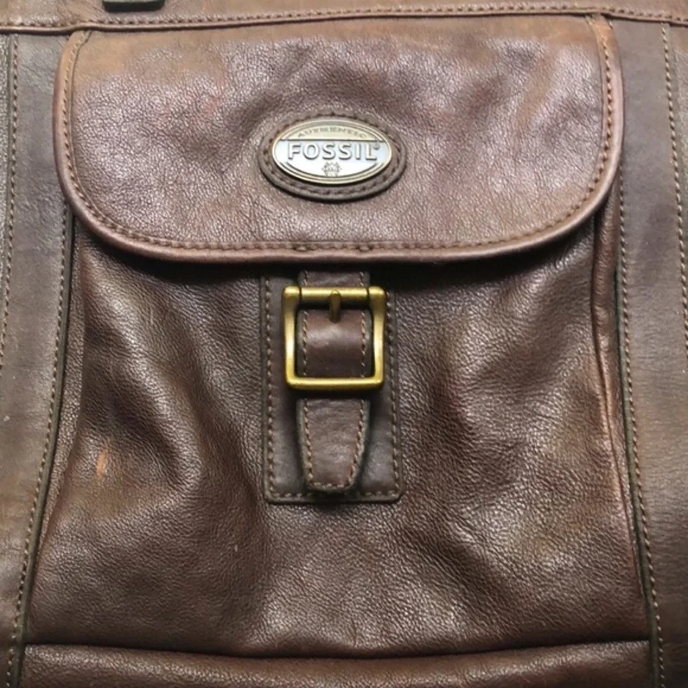 Fossil Brown Leather Briefcase Messenger Travel Crossbody Bag Double handle